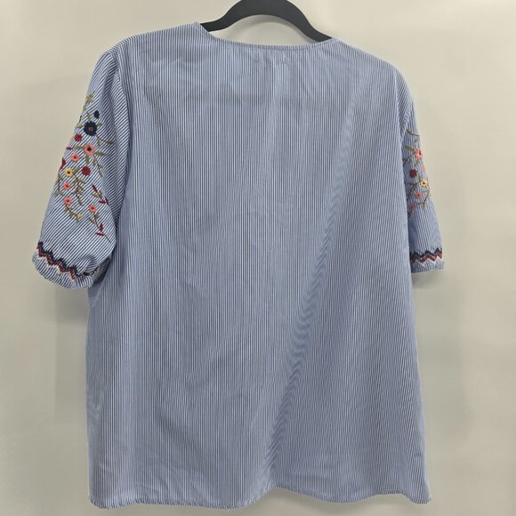 Jennifer & Grace Blue White Striped Embroidered Lace Short Sleeved Blouse 1x - Picture 2 of 8